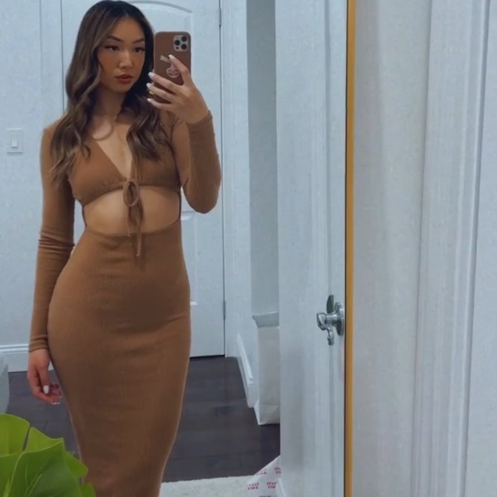 Camel Brushed Rib Tie Long Sleeve Maxi Dress